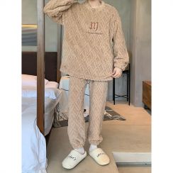 2 Sets Mens Round Neck Flannel Pajamas Set